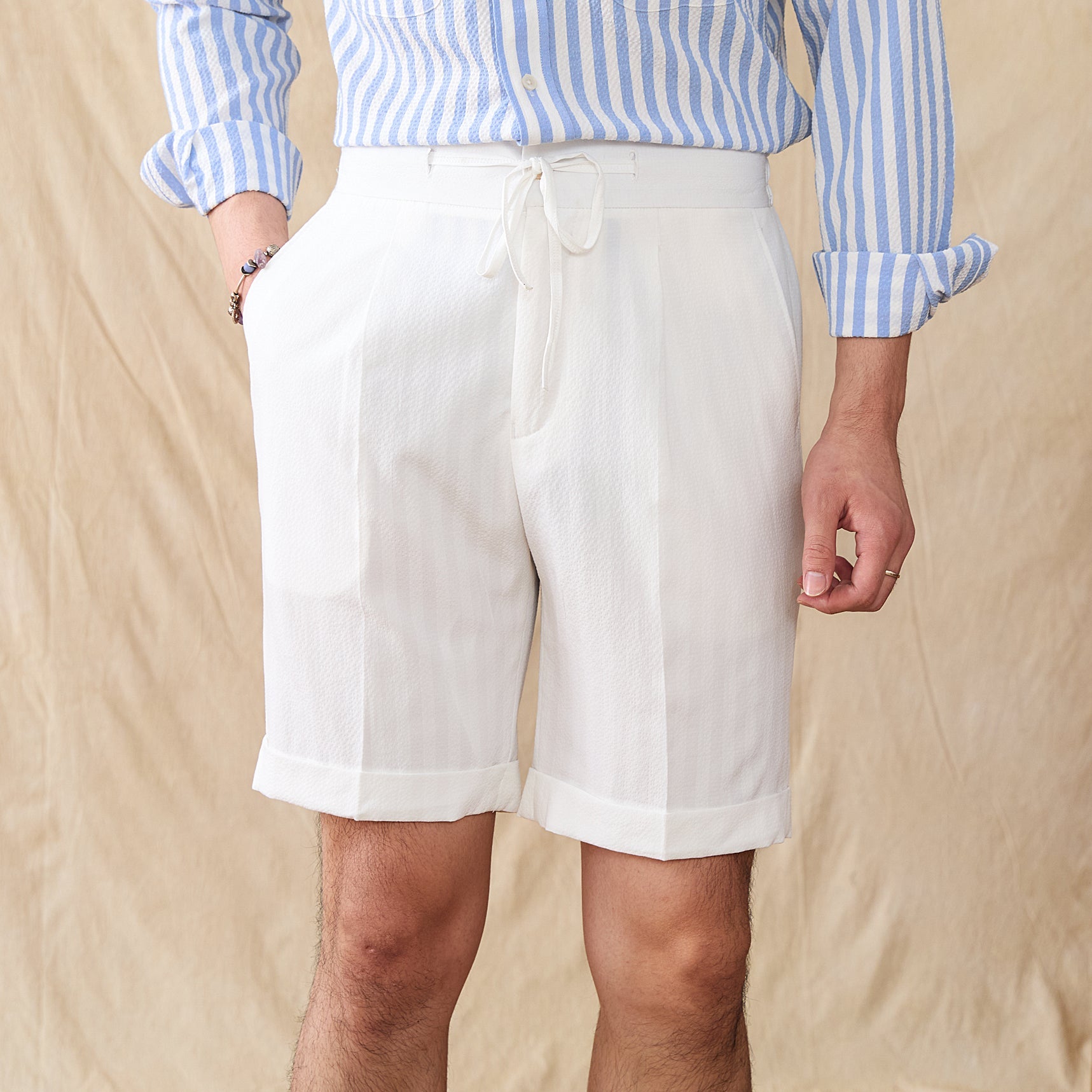 Cannes Striped Seersucker Pleated Shorts
