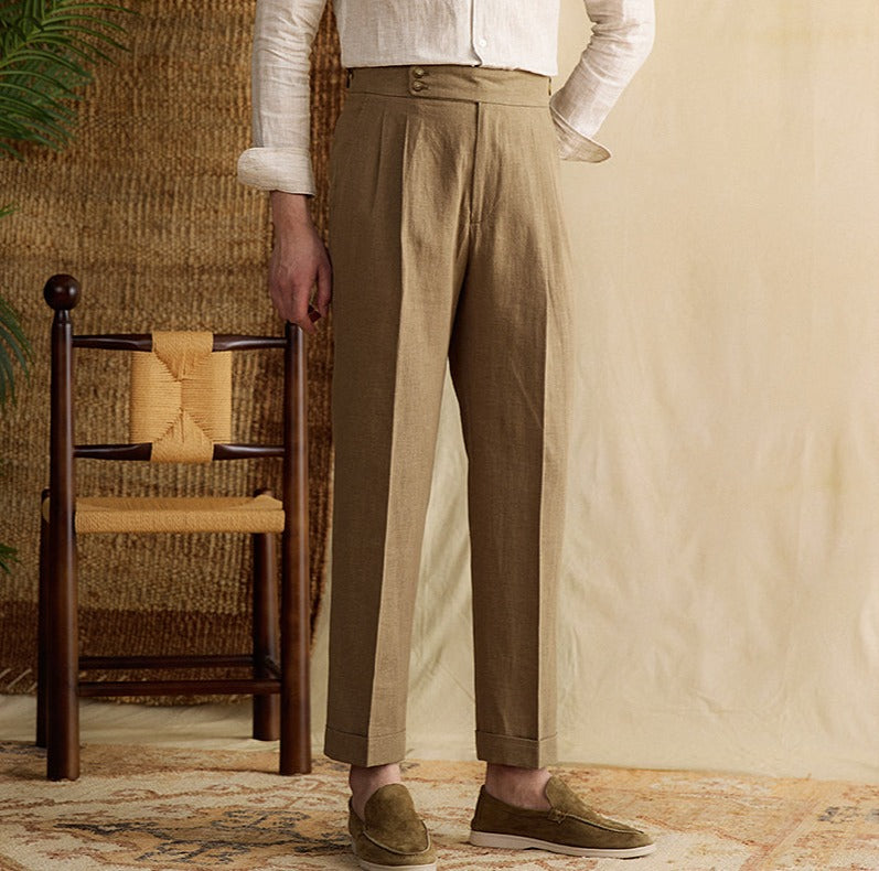 Pantaloni a doppia piega di lino in lino a doppia piega