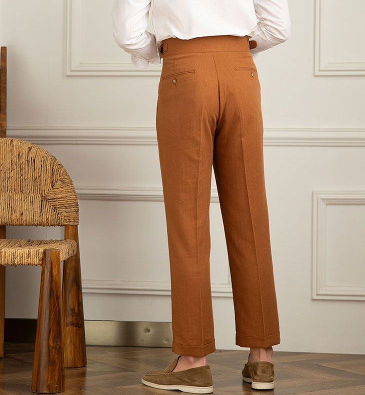 Azure Linen Blend Pleated Trousers