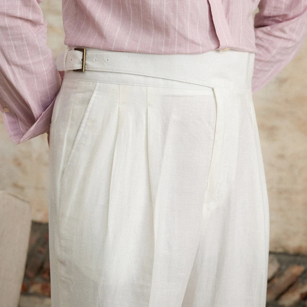 Azure Linen Blend calças plissadas