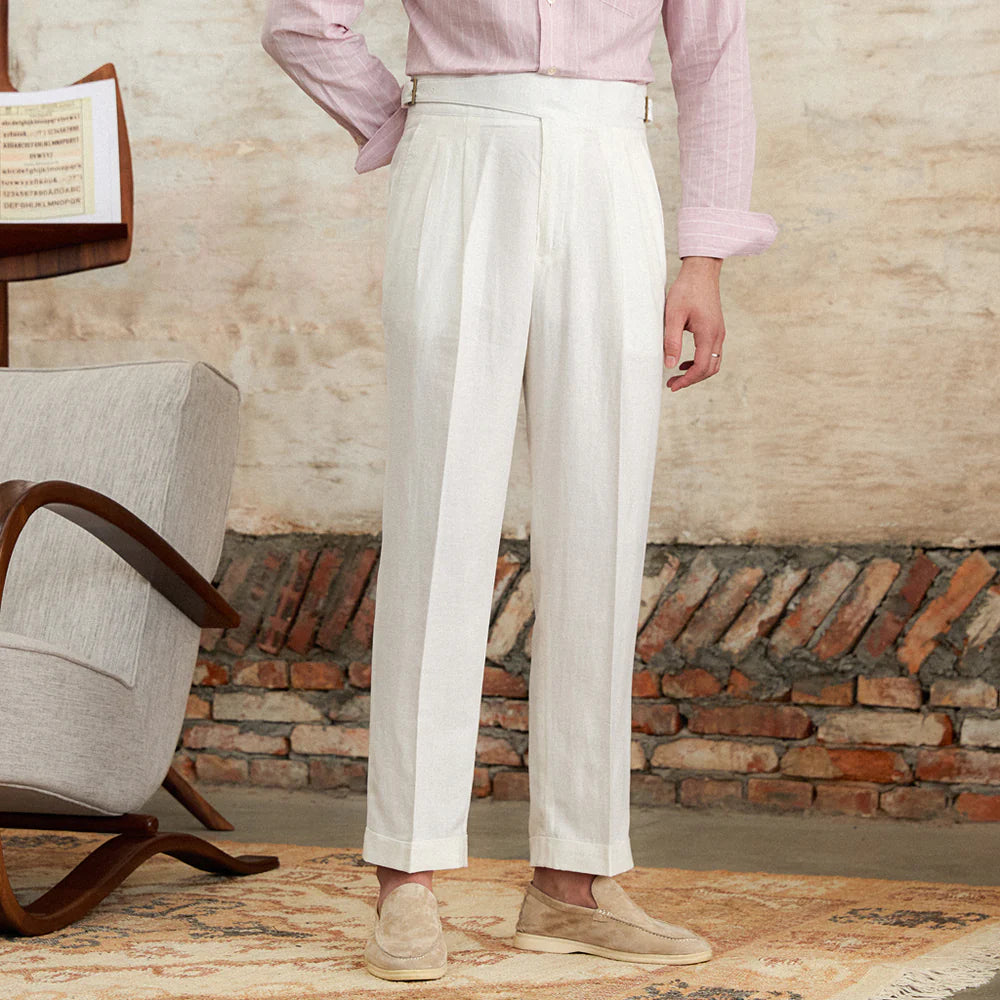 Azure Linen Blend Pleated Trousers
