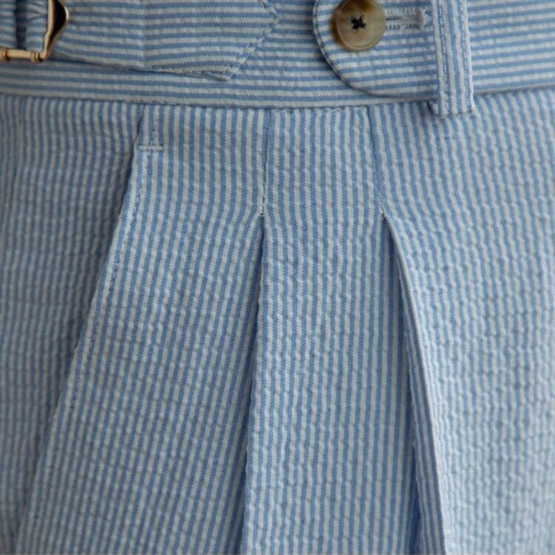 Capri Seersucker Straight Leg Pleated Trousers: Soft Blue - Ferrigani
