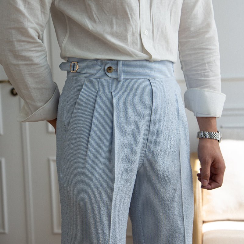 Capri Seersucker Straight Leg Pleated Trousers: Soft Blue - Ferrigani